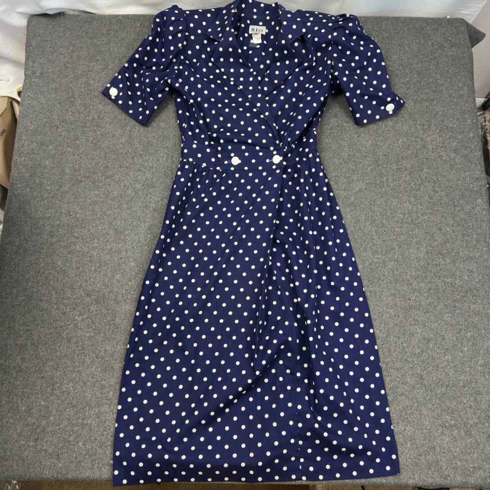 Vintage REO Originals Navy Polka Dot Wrap Dress Union Made USA Size 6